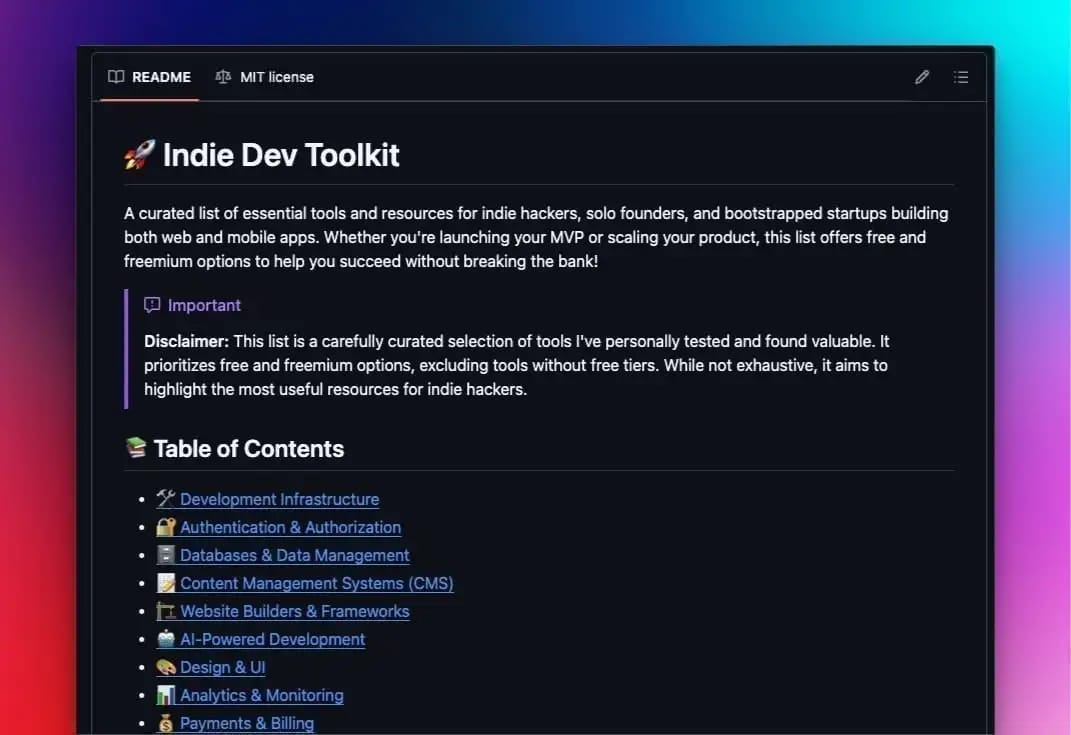 Screenshot of the Indie Dev Toolkit Github repository