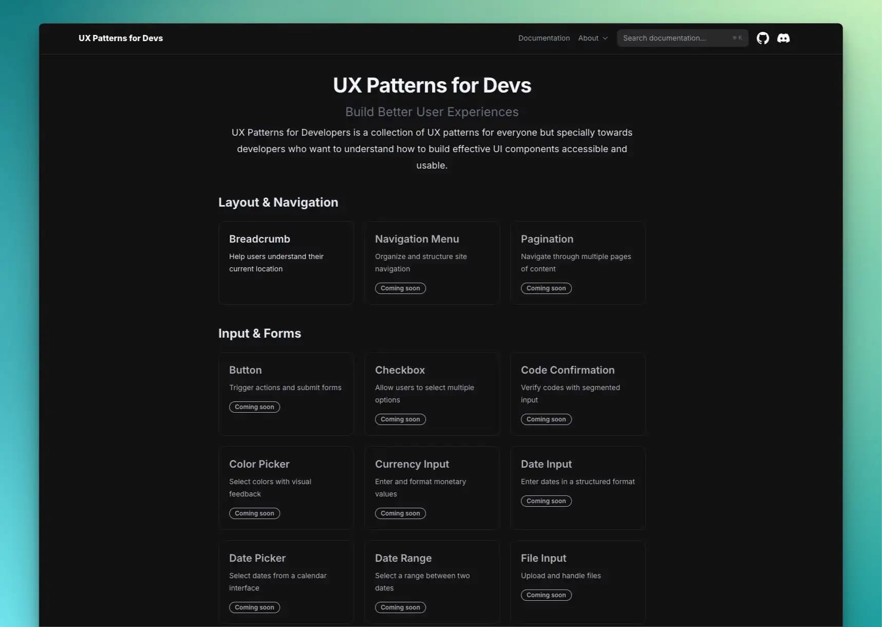 Screenshot of the UX Patterns for Developers website