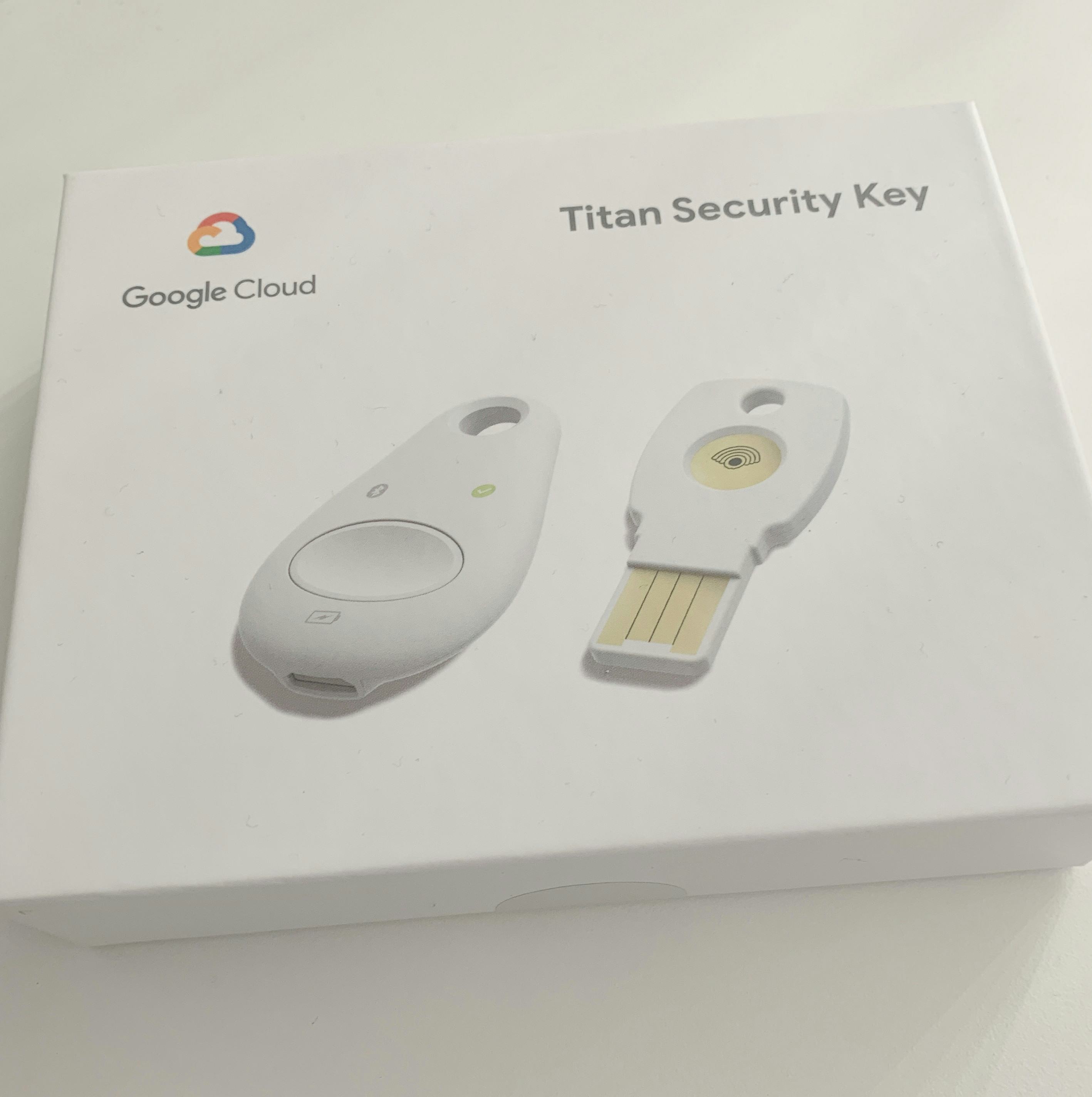 The white box of the Titan Security Keys by Google showing the bluetooth and USB 3.0 key
