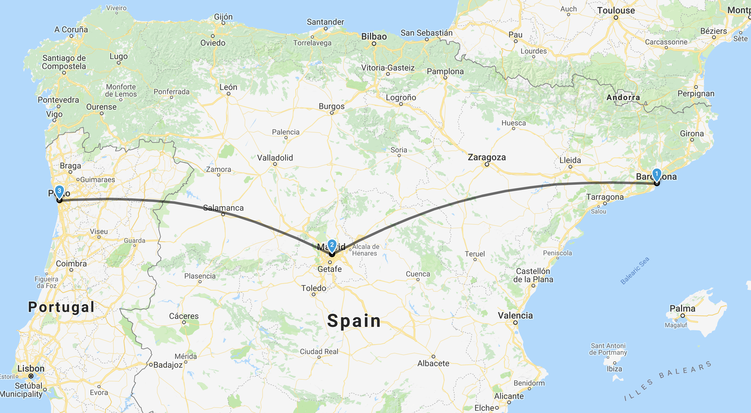 Map showing Spain and Portugal and a line linking Barcelona to Madrid and Porto